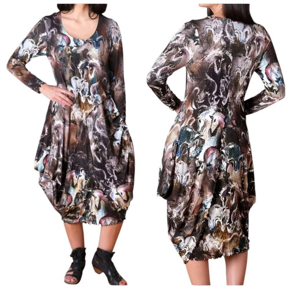 GISELLE SHEPATIN Womens L Paonne Dress Knit Horses Abstract‎ Print Side Draped